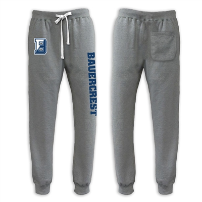 Throwback joggers made of 10 oz. blend of vintage fleece cotton/polyester blend. Printed with split "B" on right hip and Bauercrest down the leg.