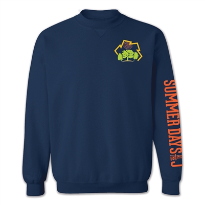 Classic Crew Sweatshirt made of 8 oz. blend of poly/cotton jersey. Printed with Summer Days at the J word mark on the sleeve and full color logo on left chest