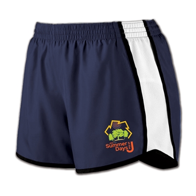 100% polyester vintage track shorts for ladies. Printed with Summer Days at the J wordmark