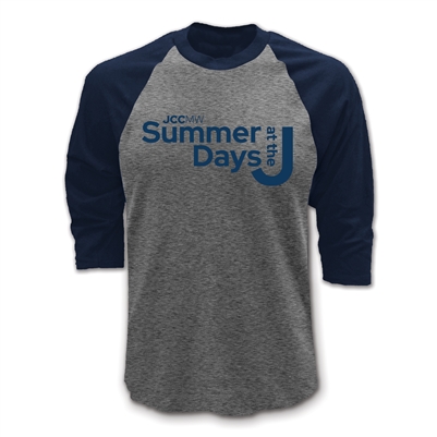 3/4-Raglan sleeve baseball shirt made of 5.3 oz. 100% cotton jersey. Printed with Summer Days at the J word mark.