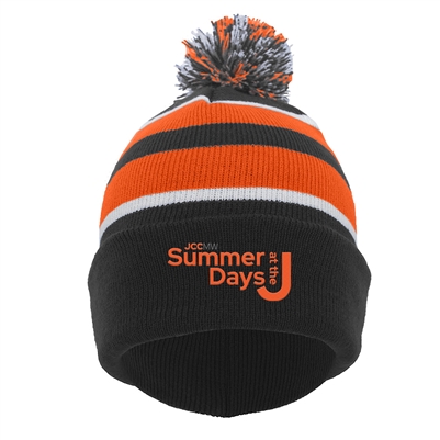 Knit beanie with pom. Embroidered with Summer Days at the J logo.