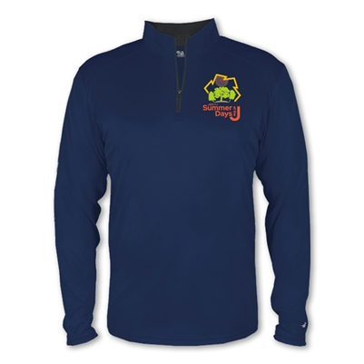 Performance quarter-zip with moisture wicking and UV protection . Printed with Summer Days at the J logo.