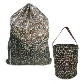 Leopard printed laundry bag and bath caddy.