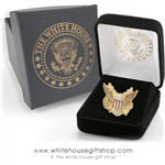 Great Eagle Lapel Pin, The inner eagle from the Great Seal of the United States on quality gold and enamel finishes, upgraded clutch for superior hold, custom White House Gift Shop jewelry box, Select Box Type