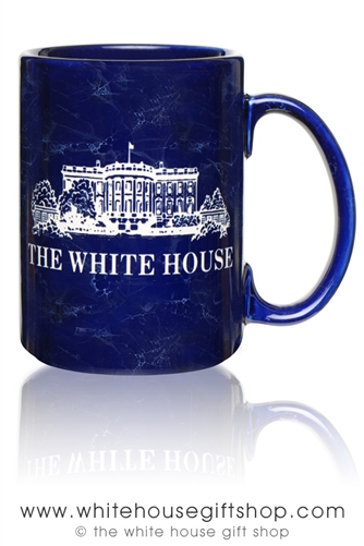 White House Mug, Etched in USA, Cobalt Marbled Blue, 15 ounce Large Mugs, Impressive Image of South Lawn,