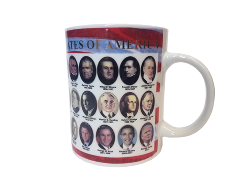 President Donald J. Trump Coffee and Beverage Mug with Portraits and Administration Dates of All United States Presidents including President Barack Obama. From the Official White House Gifts and Gift Shop Drinkware Collection.