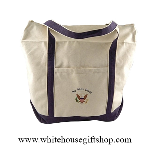 White House Presidential Seal Zippered Tote Shopping Carry Bag, Embroidered, Heavy Durable Canvas, Large, Shoulder Strap, Vacation carry on from the official authentic original White House Gift Shop, Est. 1946.