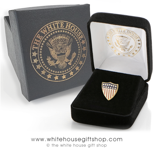 US Flag, Union Crest American Flag Pin, 1/2 inch flag pin, quality gold and enamel finishes, premium clutch, custom White House Gift Box, from the Official Original White House Gift Shop since 1946.