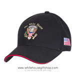 Presidential Eagle Seal Black Hat with White House text, 100% Made in America, Embroidered, US Flag on side, Cotton Cap, Velcro Adjustable,