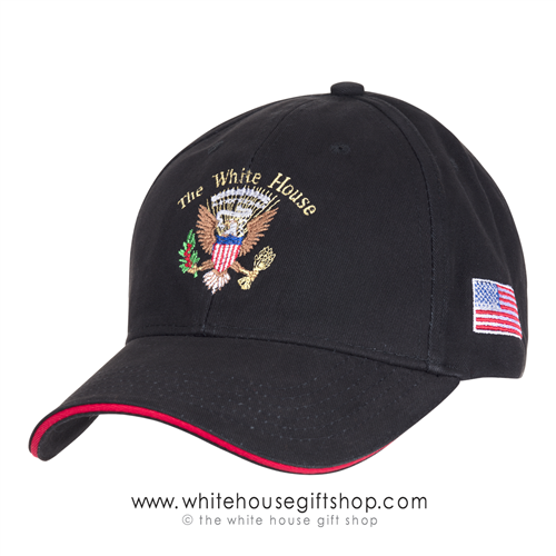 Presidential Eagle Seal Black Hat with White House text, 100% Made in America, Embroidered, US Flag on side, Cotton Cap, Velcro Adjustable,