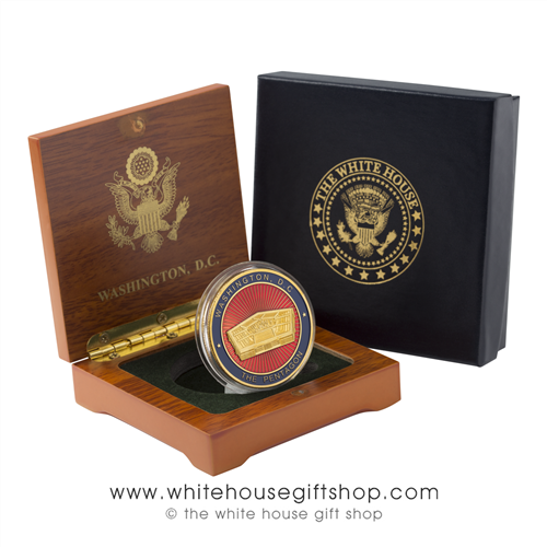 Pentagon Challenge Coin in Great Seal of the United States and White House Gift Shop case
