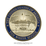 President Trump White House Challenge Coin, premium grade copper alloy core and jewelry gold and blue finishes set in upgraded clear plastic case with individual zip bag to protect each coin.