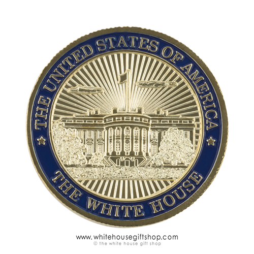 President Trump White House Challenge Coin, premium grade copper alloy core and jewelry gold and blue finishes set in upgraded clear plastic case with individual zip bag to protect each coin.