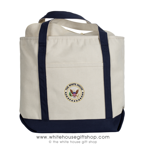 White House Seal Canvas Tote Bag, Shoulder Strap, Embroidered Presidential Seal