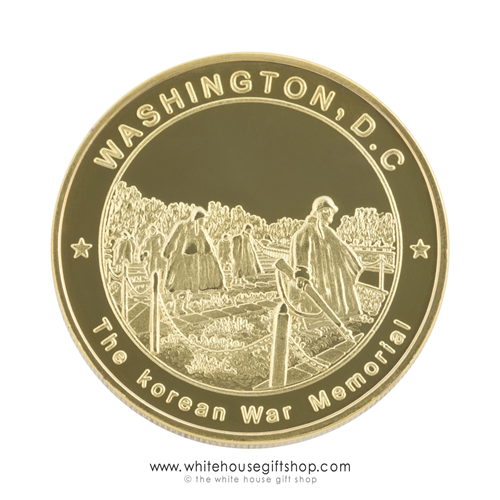 Korean War Memorial Challenge Coins from the Official White House Gift Shop, 1 gold coin in custom display with Presidential Seal