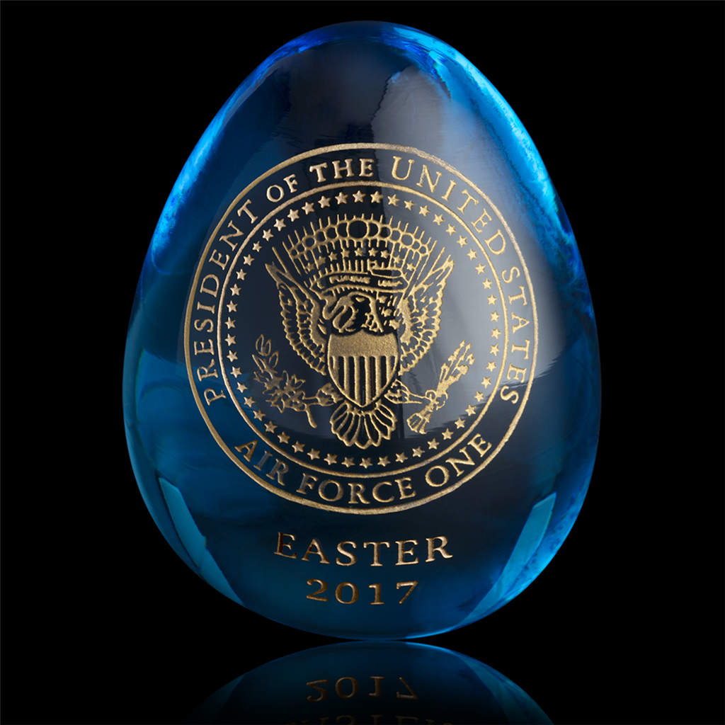 2017 Air Force One Annual Easter Egg, Clear Stellar Blue Art Glass Shown  with Under and Side Light Reflections, 24KT Gold Engraved, Hand blown One  at a Time in the USA, #