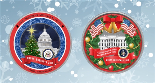 2018 and 2019 Greetings from the White House Coin with President Trump, Melania Trump, Vice President Pence and Karen Pence. President Coins From Official White House Gift Shop Secret Service Store Gifts, Coins, Ornaments Collection.