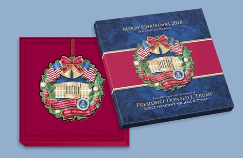 2018 and 2019 Greetings from the White House Ornament with President Trump, Melania Trump, Vice President Pence and Karen Pence. From Official White House Gift Shop Secret Service Store Gifts and Ornaments Collection.