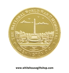 World War II Challenge Coins, gold finished, 1.5" diameter, protective plastic capsule, from official White House Gift Shop, established 1946 by the uniformed division of Secret Service of the United States.