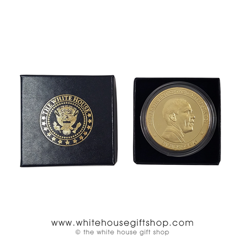 Barack Obama Challenge Coins, Presidential Seal on rear, coin set in custom presentation gift box and Presidential White House Eagle Seal on lid, premium item from official White House Gift Shop since 1946, elegant gift.
