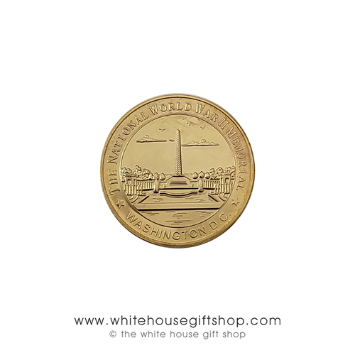 National Memorial WWII  Challenge Coins, 1.5"diameter coin is set in custom quality velvet coin case with outer presentation gift box, imprinted with the President Eagle Seal on both cases, from original official White House Gift Shop since 1946.