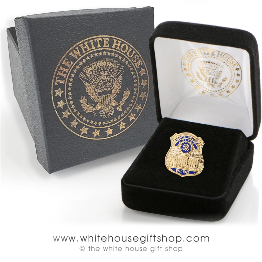 â€‹White House Police Lapel Pins, quality gold finishes, upgraded clutch,  custom White House Gift Shop jewelry display, Select Box Style