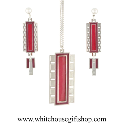 Pendant and Earring Set, Brass, Frank Lloyd Wright Collection, Frederick C. Robie House Rug Detail