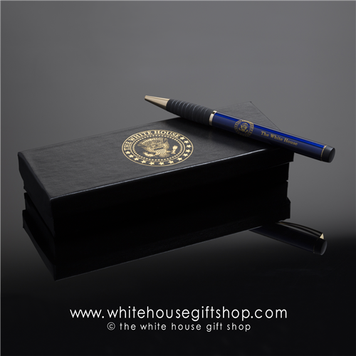 The White House Seal President' Pen, Cobalt Blue, 22-Karat Gold Trim, Comfort Grip, Laser Etched, White House Gift Shop, Presentation Boxed. Designed by Artist Anthony Giannini.