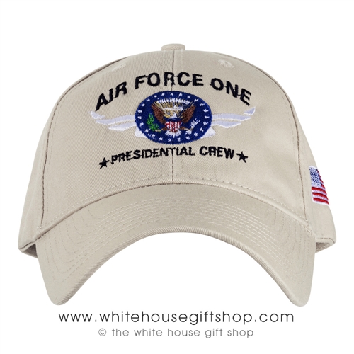 Air Force One Beige Hat, Made in USA cap, Cotton Embroidered, Presidential Seal, USAF, American Flag on side