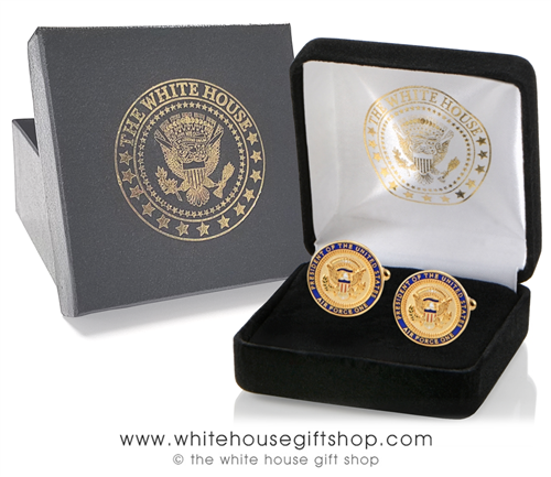 Air Force One Cufflinks, COLLECTORS ITEM, Presidential Guest Style, 24KT Elegant Gold Finish, Raised Presidential Seal with Fine Detail, Designed for former President,  Gold Seal Jewelry Case with Gift Box