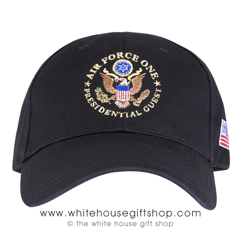 Air Force One Presidential Guest Hat, Hats Made in the USA, Cap, Caps with American flag on side, black, structured cotton, USAF, Embroidered ,Great Seal of the United States, Military gifts, White House Official gift shop, authentic President gifts