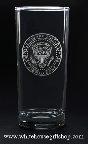 Air Force One Presidential Eagle Seal, clear etched tall glass set, 8 oz glasses, made in the USA, lead free glass, chip resistant rim, dishwasher safe,permanently etched with elegant White House Seal from the official White House Gift Shop since 1946