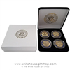 Coins, The White House & United States Capitol Building, Great Seal on Reverse of Coins, 4 Coin Set, Black Velvet Display and Presentation Case, Front & Reverse of Coins are Displayed, 1.5" Diameter, Premium Copper Core Detailed Gold Plated & Blue Enamels