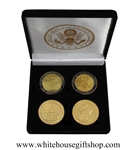 Coins, The White House & United States Capitol Building, Great Seal on Reverse of Coins, 4 Coin Set, Black Velvet Display and Presentation Case, Front & Reverse of Coins are Displayed, 1.5" Diameter, Gold Plated & Blue Enamels