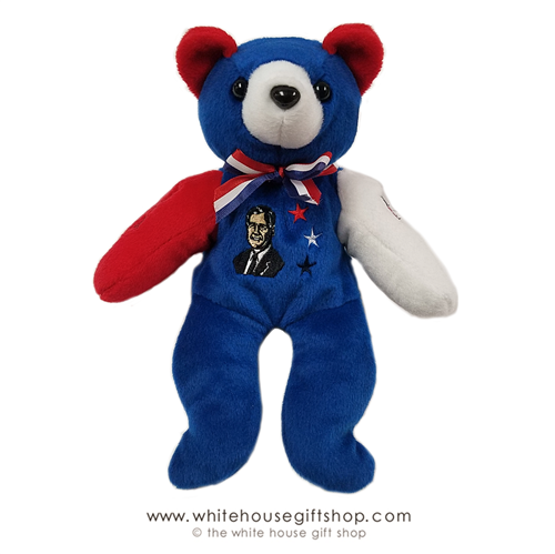 41ST PRESIDENT OF THE UNITED STATES, PRESIDENTIAL COLLECTOR ITEM, GEORGE HERBERT WALKER BUSH WHITE HOUSE TEDDY BEAN BEANIE BAG, 9 INCHES TALL FROM  ORIGINAL OFFICIAL WHITE HOUSE GIFT SHOP, EST 1946