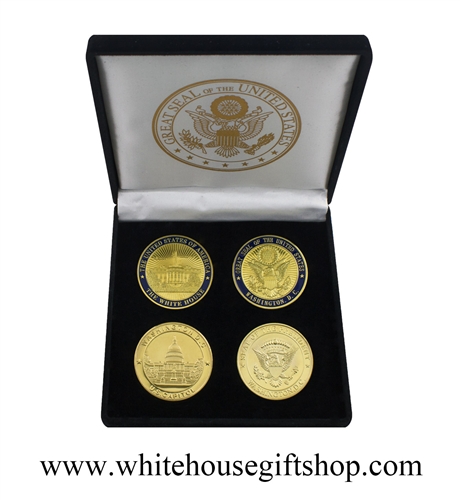 Coins, The White House & United States Capitol Building, Great Seal on Reverse of Coins, 4 Coin Set, Blue & Gold Capitol & Gold Capitol Coins Front & Reverse,Black Velvet Display and Presentation Case, 1.5" Diameter