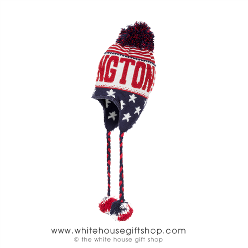 U.S. Flag Beanie Hat, Knit, Two Tassles, Ear Flaps, and Red White & Blue Pom, From the Official White House Gift ShopÂ® Est. 1946