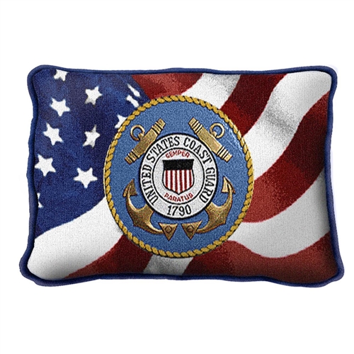 United States Coast Guard, USCG, Small Rectangle Pillow, Made in America, on American Flag, 12 by 8 inches, red, navy, blues, gold, Made in the USA, Military Veteran Gift