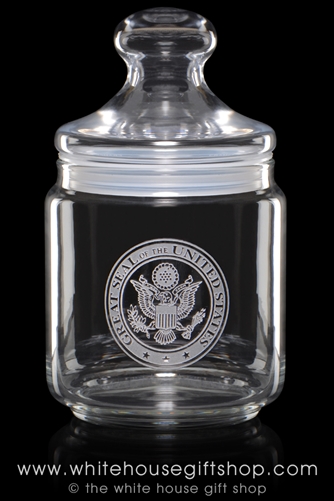 Glassware Great Seal of the United States Candy Jar, Apothecary, 7" Height, 4" Diameter, The White House Presidential Glassware Collection