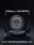 White House Seal Presidential Glass, On the Rocks, Personalized, Customized with your name, message, glasses from our President collection from White House Gift Shop since 1946, official, registered trademark, original White House Gifts.