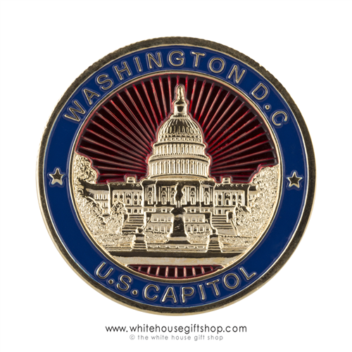 US Capitol Challenge Coin,custom made high grade copper alloy core coins, jewelry grade finishes, gold, red, and blue coins, from original official White House Gift Shop since 1946, upgraded plastic case with individual bag to protect each coin.