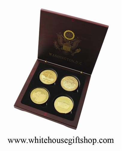 Coins, Korea  War Memorial, Vietnam War Memorial, WWII Memorial, & Gold Pentagon,  4 Coin Set, Wood Case, 1.5" Diameter, Gold Plated