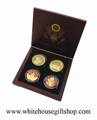 Coins, President Barack Obama, The White House & The Capitol, Great Seal on Reverse of Coins, 4 Coin Set, Wood Case, Front & Reverse of Coins are Displayed, 1.5" Diameter, Gold Plated & Red Enamels