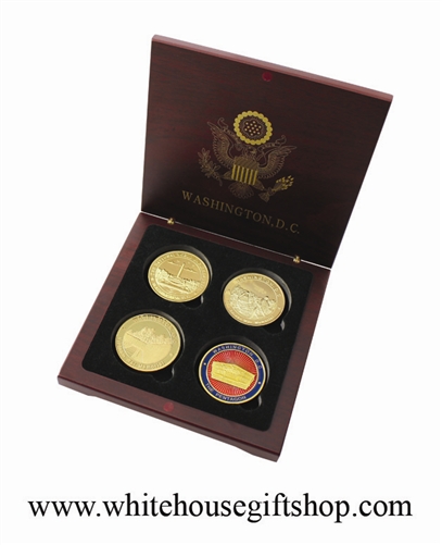 Coins, Korea War Memorial, Vietnam War Memorial, WWII Memorial, & Red Pentagon, 4 Coin Set, Wood Case, 1.5" Diameter, Gold Plated & Red Enamel, Dual Sided