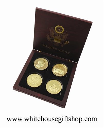 Coins, President Barack Obama, The White House & The Capitol, 4 Coin Set, Wood Case, Seals on Reverse of Coins, 1.5" Diameter, Gold Plated