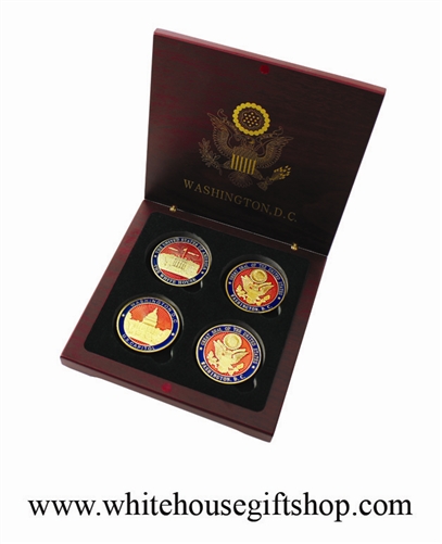 Coins, The White House & United States Capitol Building,  Great Seal on Reverse of Coins, 4 Coin Set, Wood Case, Front & Reverse of Coins are Displayed, 1.5" Diameter, Gold Plated & Red Enamels