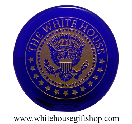 The White House Presidential Eagle Seal, Etched Glass Paperweight Desk Display, Cobalt Blue , 24k gold fill