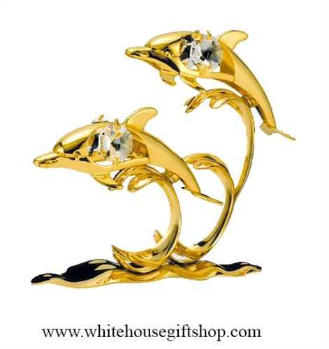 Gold Dolphin Duo with Waves Table Top Display with Swarovski Crystals