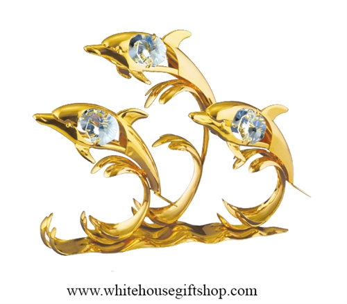 Gold Dolphin Trio with Waves Table Top Display with Swarovski Crystals