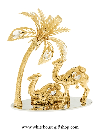 Gold Desert Camels with Palm Trees Mirror Base Table Top Display with SwarovskiÂ® Crystals